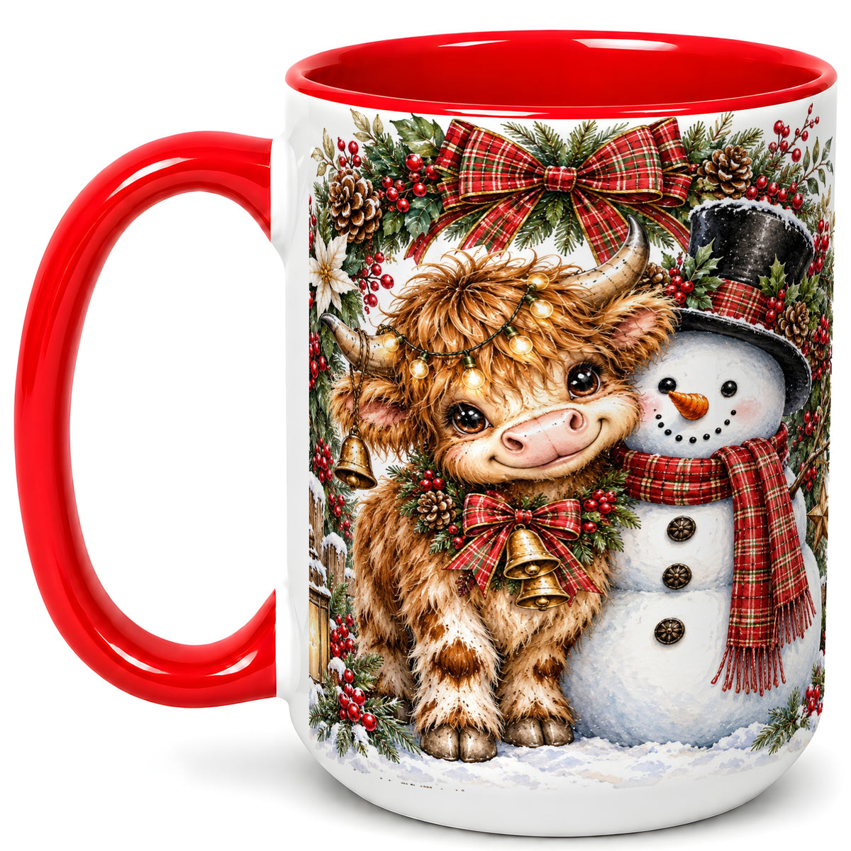 #pl[15oz|Red] Watercolor Highland Cow Coffee Mug, Snowman Mug, Ceramic Cup