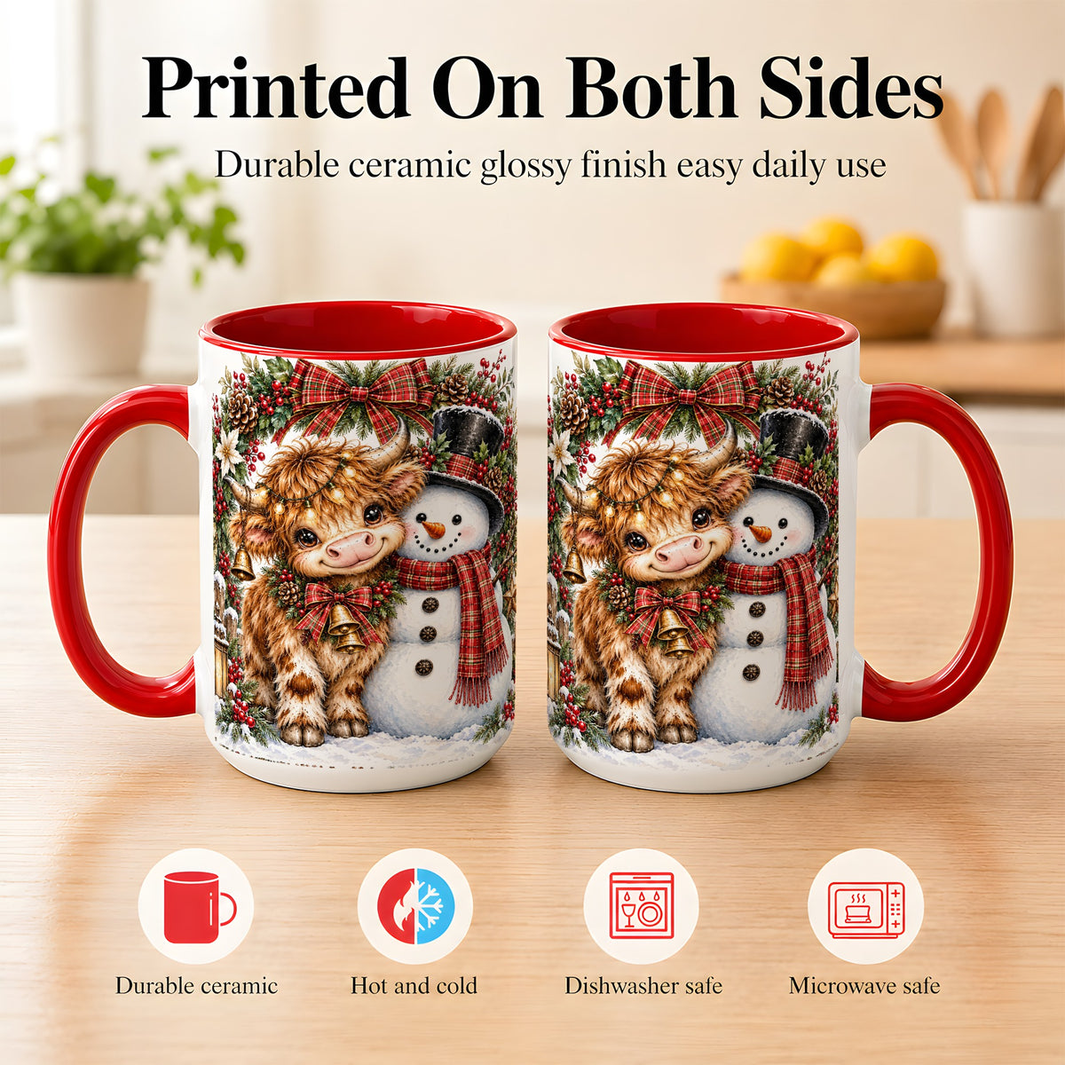 #pl[15oz|Red] Watercolor Highland Cow Coffee Mug, Snowman Mug, Ceramic Cup