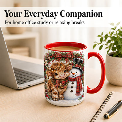 #pl[15oz|Red] Watercolor Highland Cow Coffee Mug, Snowman Mug, Ceramic Cup