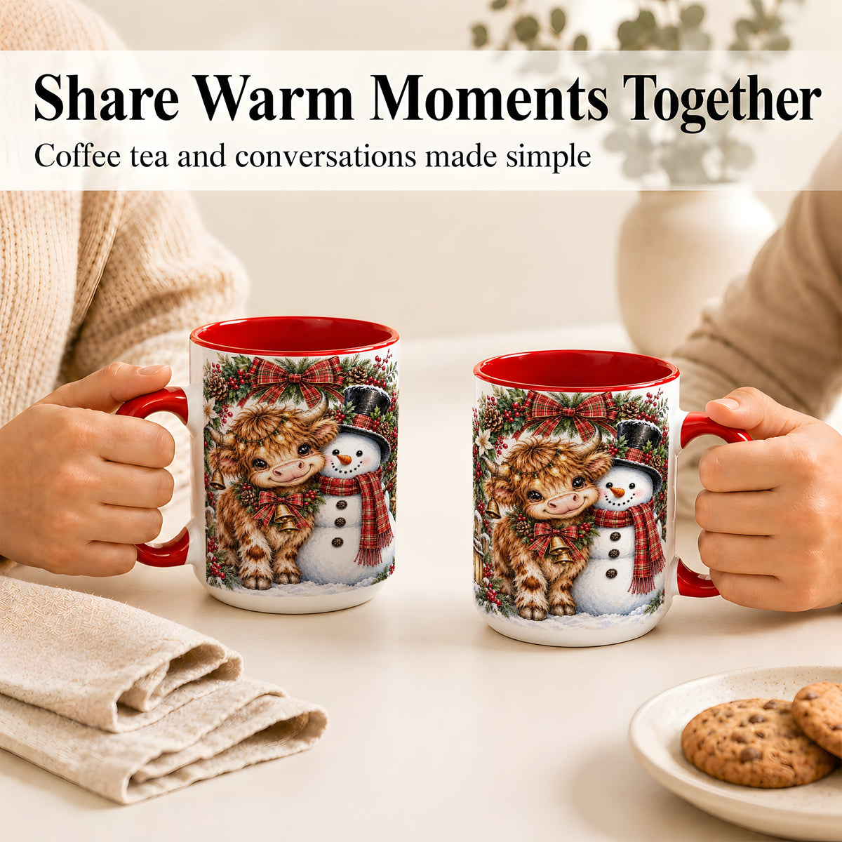 #pl[15oz|Red] Watercolor Highland Cow Coffee Mug, Snowman Mug, Ceramic Cup