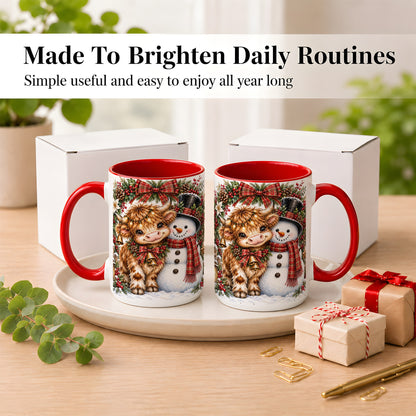 #pl[15oz|Red] Watercolor Highland Cow Coffee Mug, Snowman Mug, Ceramic Cup