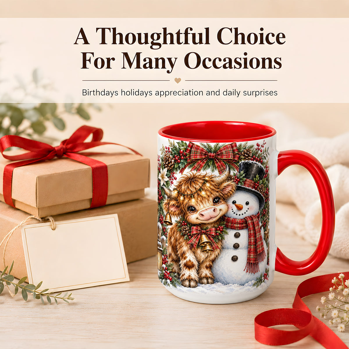 #pl[15oz|Red] Watercolor Highland Cow Coffee Mug, Snowman Mug, Ceramic Cup
