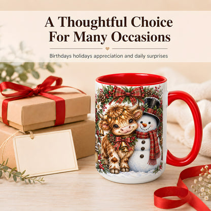 #pl[15oz|Red] Watercolor Highland Cow Coffee Mug, Snowman Mug, Ceramic Cup