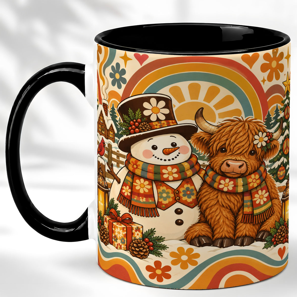 #pl[11oz|Black] Retro Cow Snowman Coffee Mug, Boho Winter Mug, Ceramic Cup