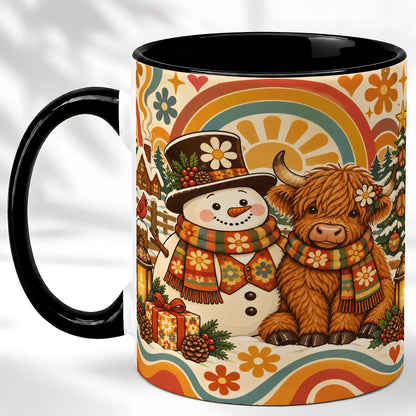 #pl[11oz|Black] Retro Cow Snowman Coffee Mug, Boho Winter Mug, Ceramic Cup