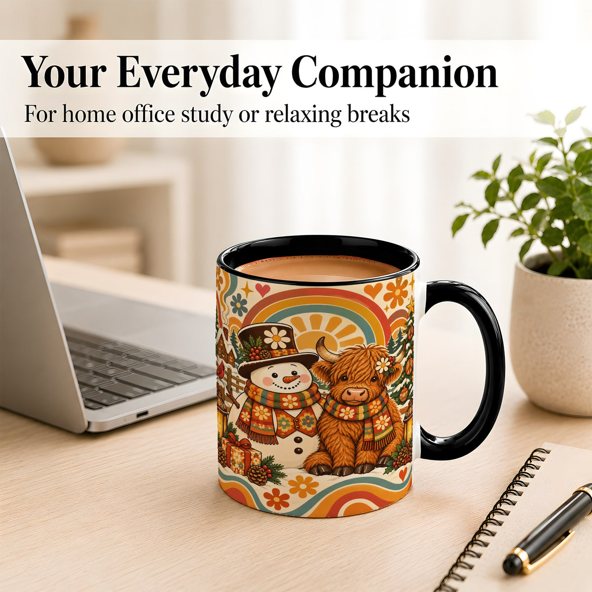 #pl[11oz|Black] Retro Cow Snowman Coffee Mug, Boho Winter Mug, Ceramic Cup