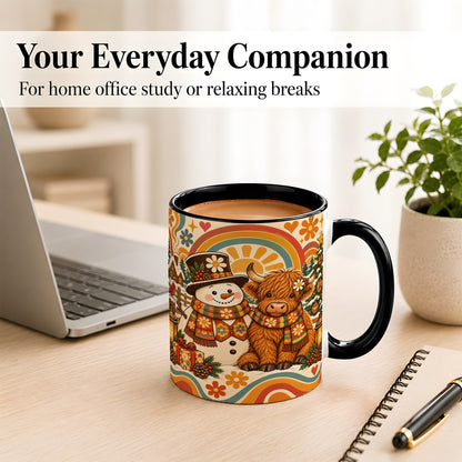 #pl[11oz|Black] Retro Cow Snowman Coffee Mug, Boho Winter Mug, Ceramic Cup