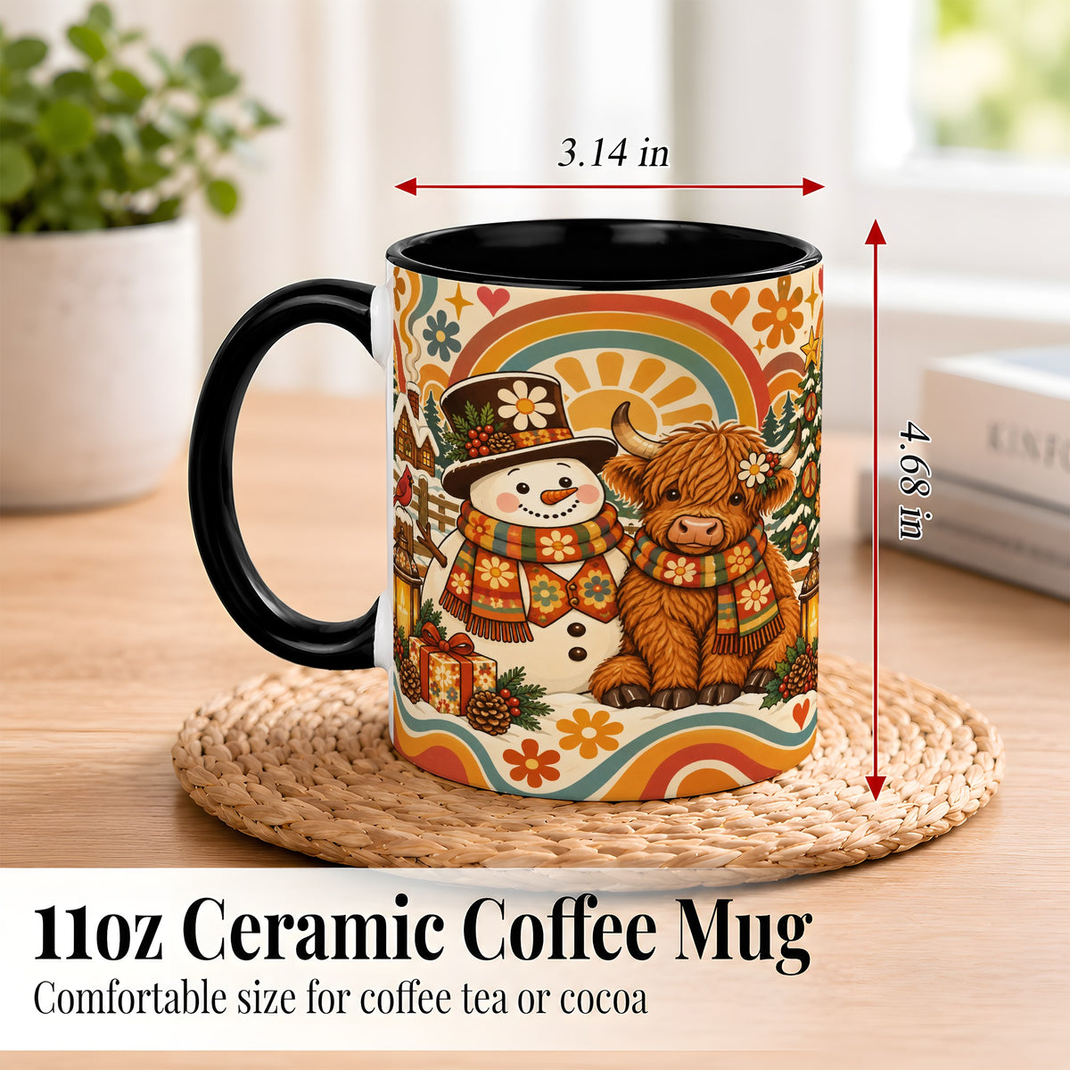 #pl[11oz|Black] Retro Cow Snowman Coffee Mug, Boho Winter Mug, Ceramic Cup