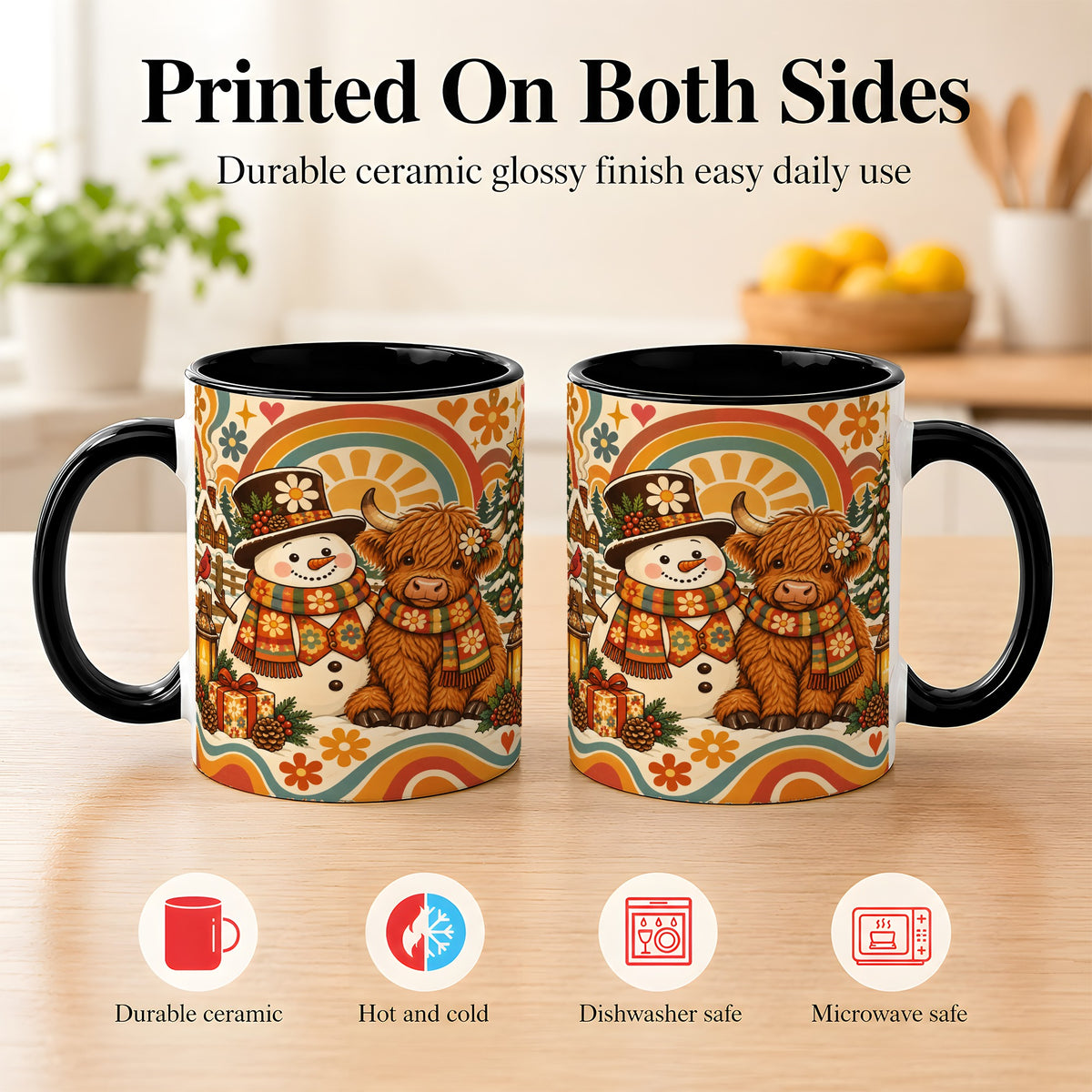 #pl[11oz|Black] Retro Cow Snowman Coffee Mug, Boho Winter Mug, Ceramic Cup