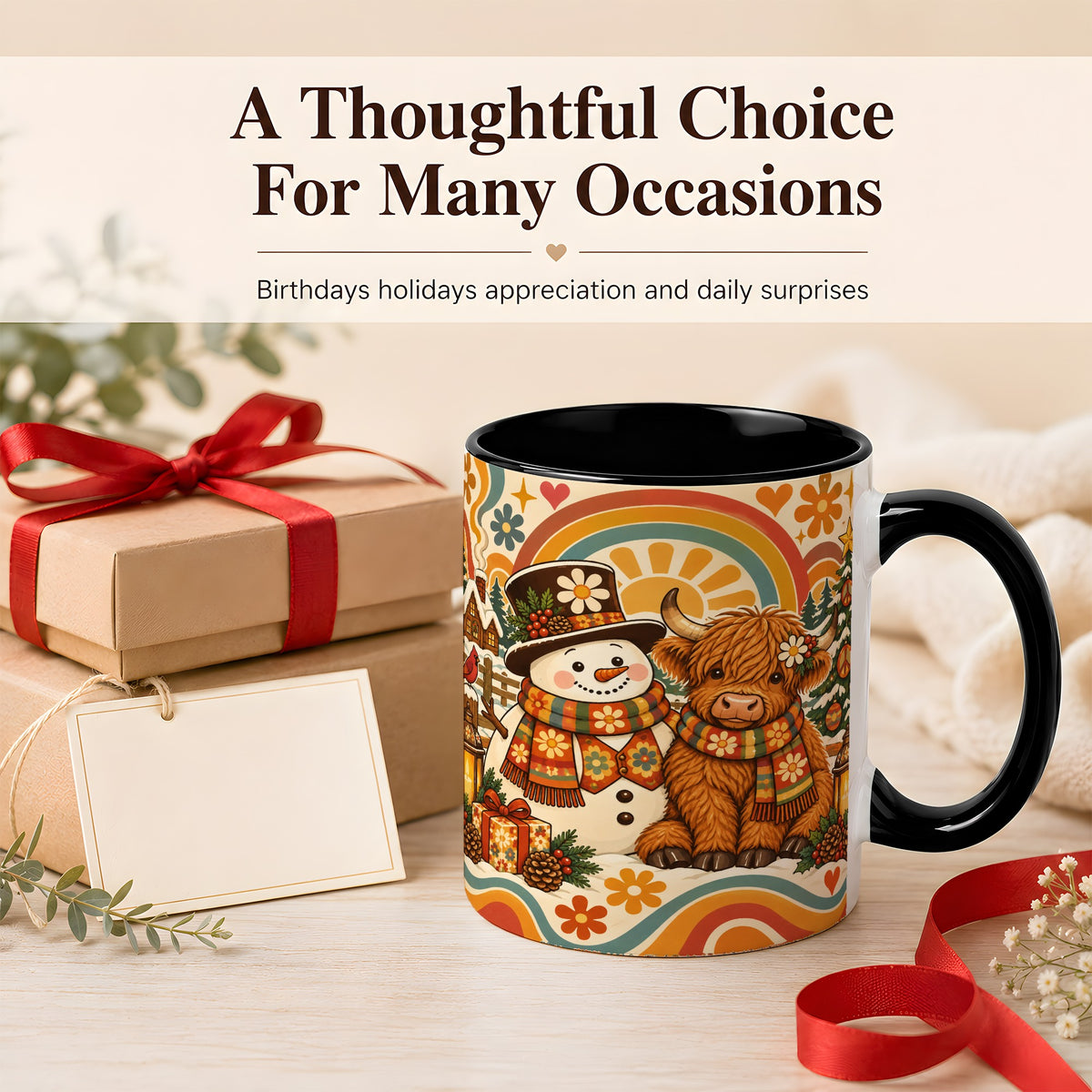 #pl[11oz|Black] Retro Cow Snowman Coffee Mug, Boho Winter Mug, Ceramic Cup