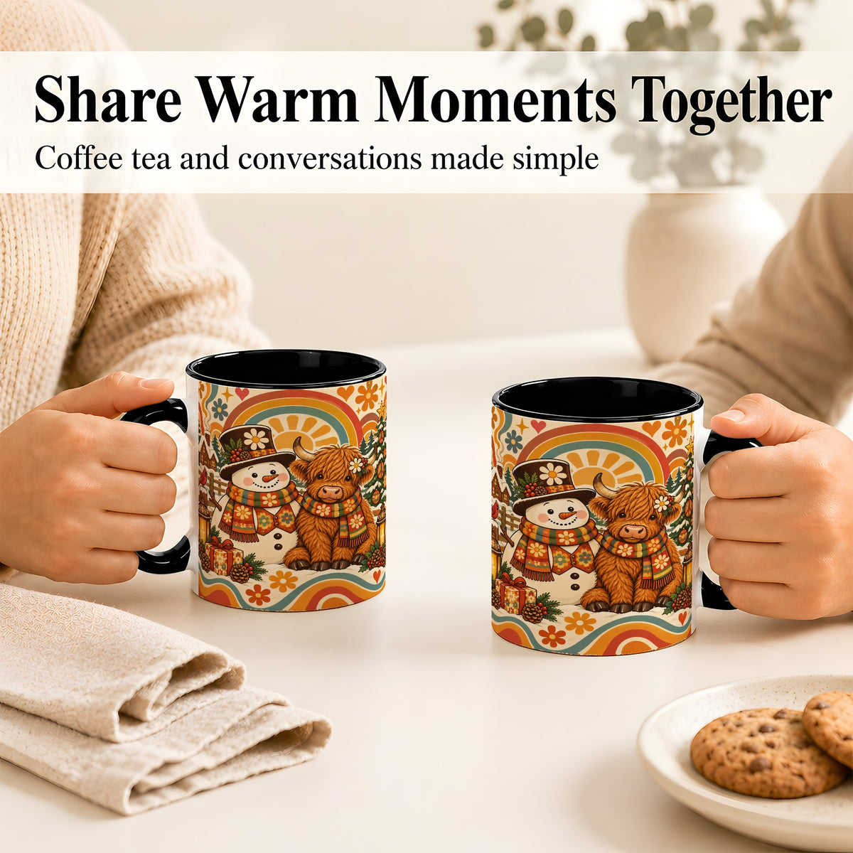 #pl[11oz|Black] Retro Cow Snowman Coffee Mug, Boho Winter Mug, Ceramic Cup