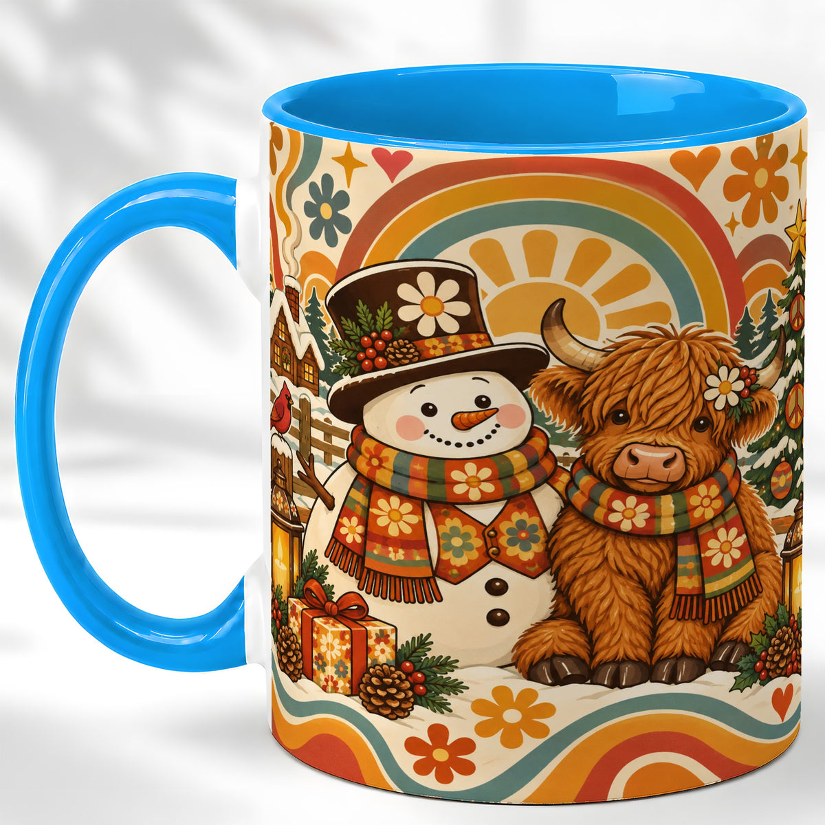 #pl[11oz|Blue] Retro Cow Snowman Coffee Mug, Boho Winter Mug, Ceramic Cup