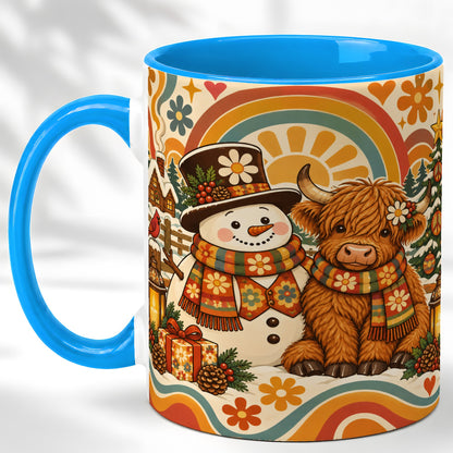 #pl[11oz|Blue] Retro Cow Snowman Coffee Mug, Boho Winter Mug, Ceramic Cup