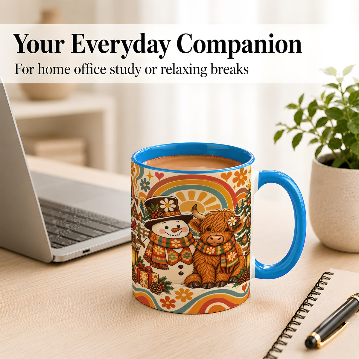 #pl[11oz|Blue] Retro Cow Snowman Coffee Mug, Boho Winter Mug, Ceramic Cup