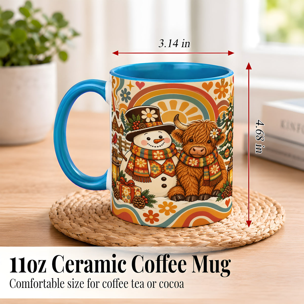 #pl[11oz|Blue] Retro Cow Snowman Coffee Mug, Boho Winter Mug, Ceramic Cup