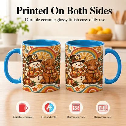 #pl[11oz|Blue] Retro Cow Snowman Coffee Mug, Boho Winter Mug, Ceramic Cup