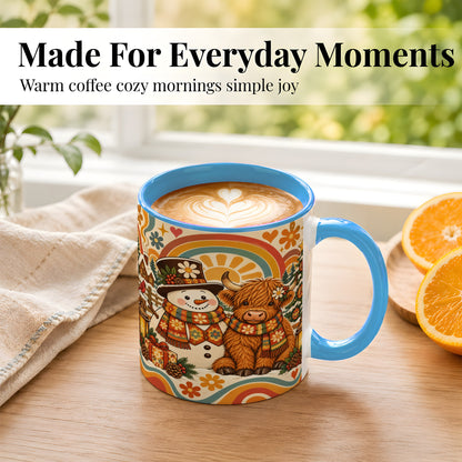 #pl[11oz|Blue] Retro Cow Snowman Coffee Mug, Boho Winter Mug, Ceramic Cup