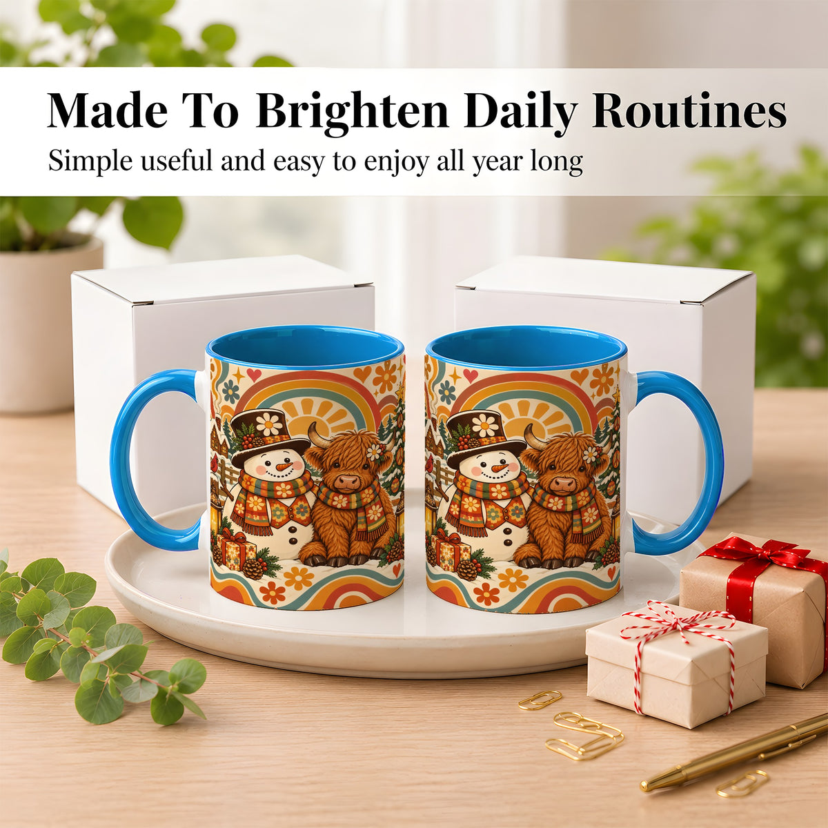 #pl[11oz|Blue] Retro Cow Snowman Coffee Mug, Boho Winter Mug, Ceramic Cup