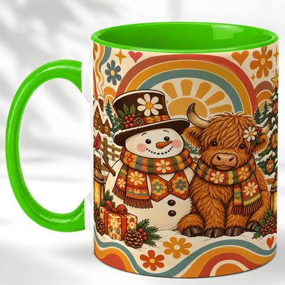#pl[11oz|Green] Retro Cow Snowman Coffee Mug, Boho Winter Mug, Ceramic Cup