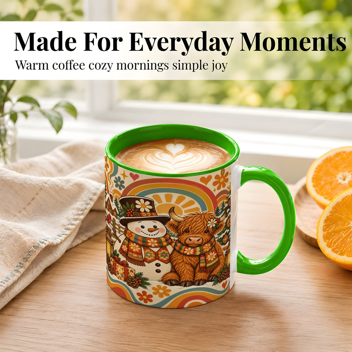 #pl[11oz|Green] Retro Cow Snowman Coffee Mug, Boho Winter Mug, Ceramic Cup