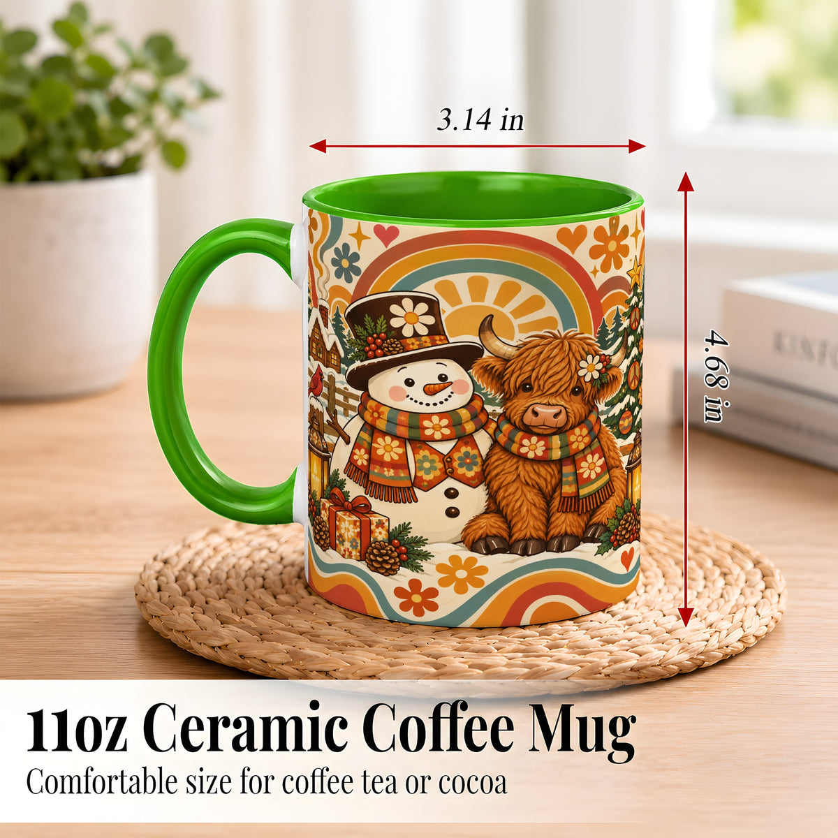 #pl[11oz|Green] Retro Cow Snowman Coffee Mug, Boho Winter Mug, Ceramic Cup