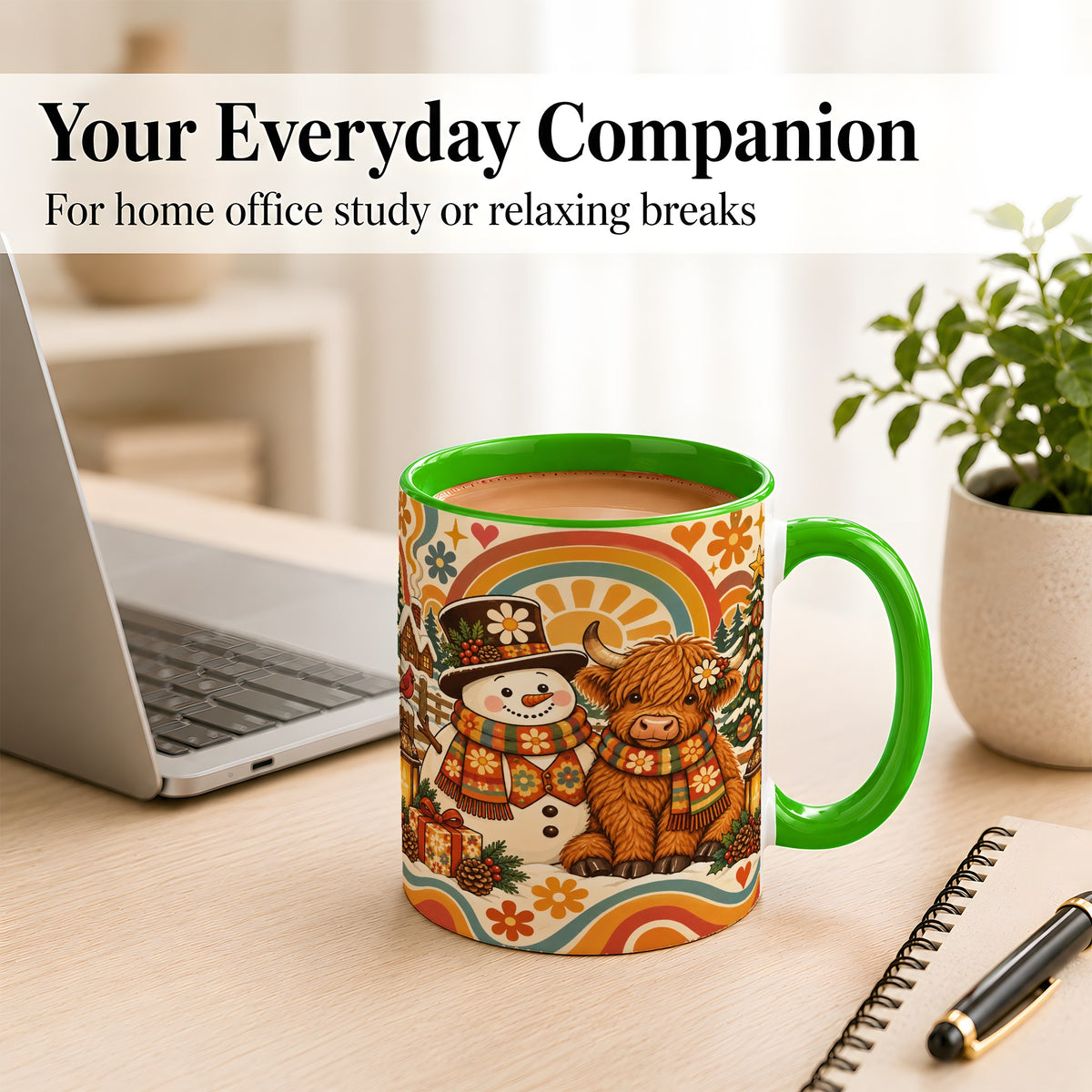 #pl[11oz|Green] Retro Cow Snowman Coffee Mug, Boho Winter Mug, Ceramic Cup