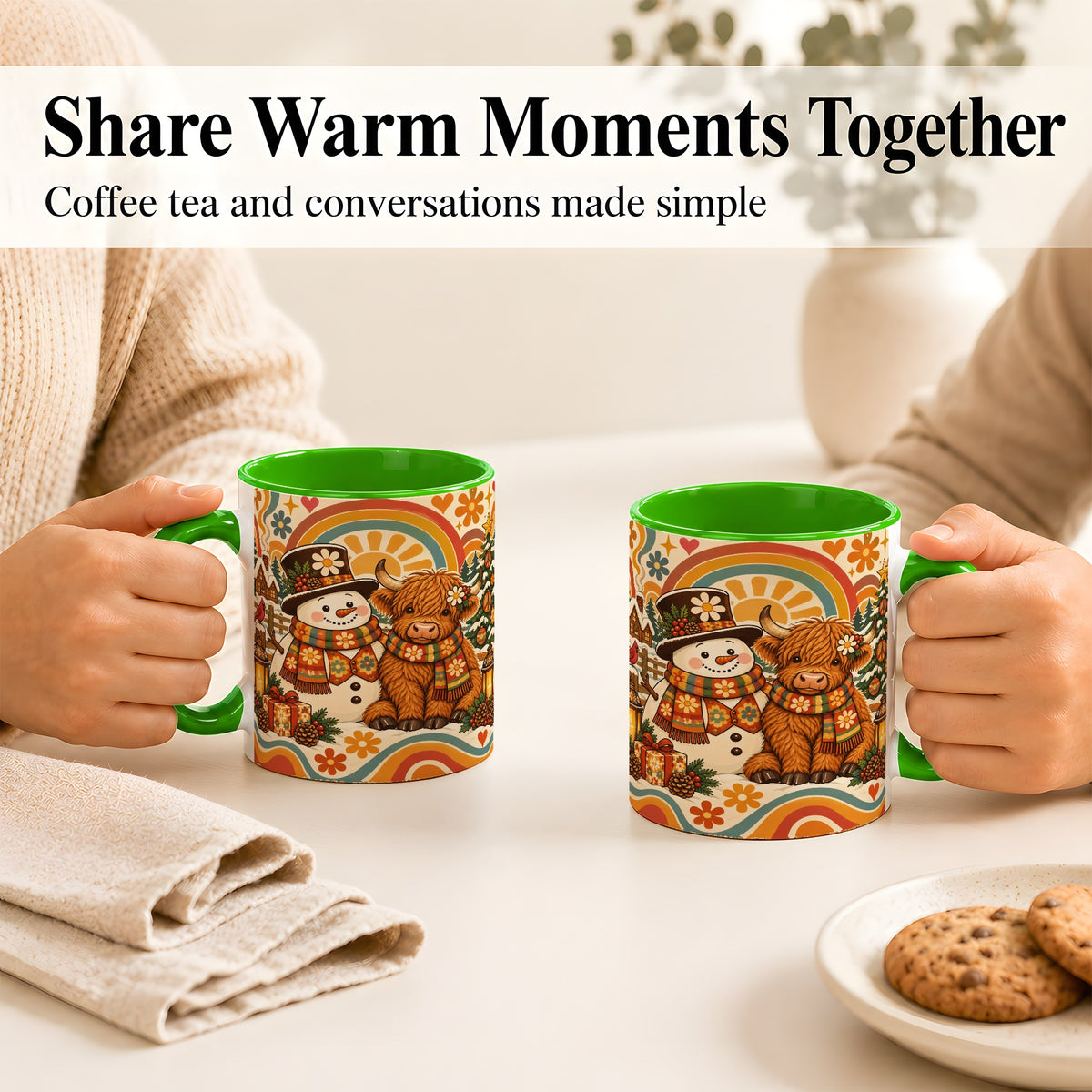 #pl[11oz|Green] Retro Cow Snowman Coffee Mug, Boho Winter Mug, Ceramic Cup