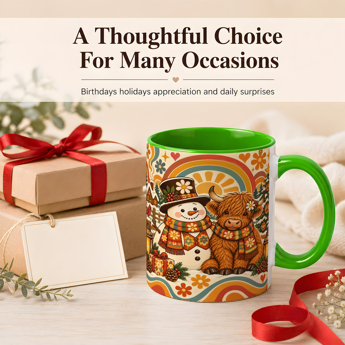 #pl[11oz|Green] Retro Cow Snowman Coffee Mug, Boho Winter Mug, Ceramic Cup