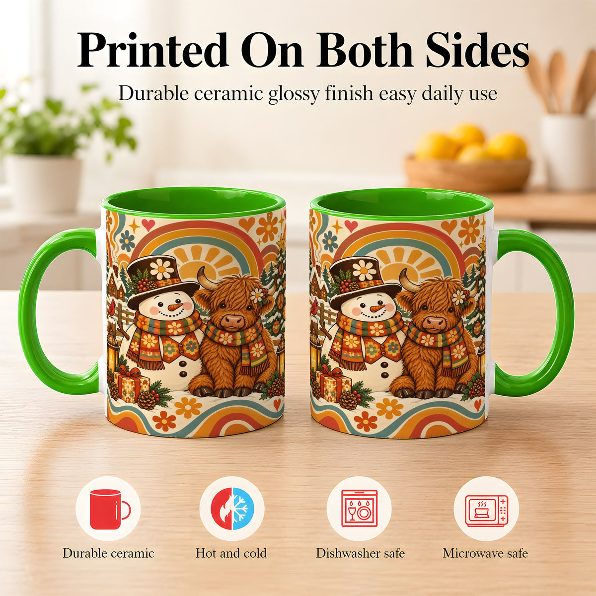 #pl[11oz|Green] Retro Cow Snowman Coffee Mug, Boho Winter Mug, Ceramic Cup
