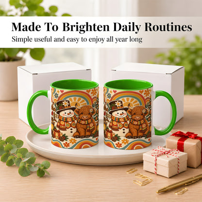 #pl[11oz|Green] Retro Cow Snowman Coffee Mug, Boho Winter Mug, Ceramic Cup