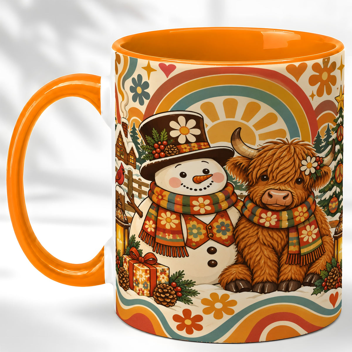 #pl[11oz|Orange] Retro Cow Snowman Coffee Mug, Boho Winter Mug, Ceramic Cup