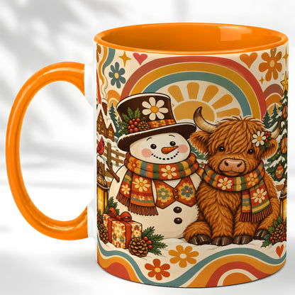 #pl[11oz|Orange] Retro Cow Snowman Coffee Mug, Boho Winter Mug, Ceramic Cup