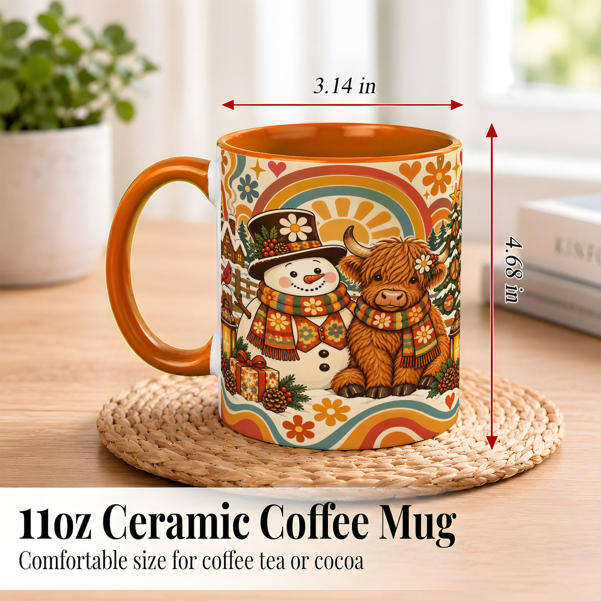 #pl[11oz|Orange] Retro Cow Snowman Coffee Mug, Boho Winter Mug, Ceramic Cup