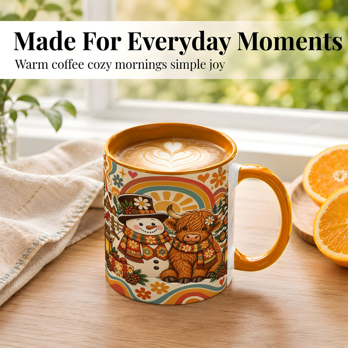#pl[11oz|Orange] Retro Cow Snowman Coffee Mug, Boho Winter Mug, Ceramic Cup