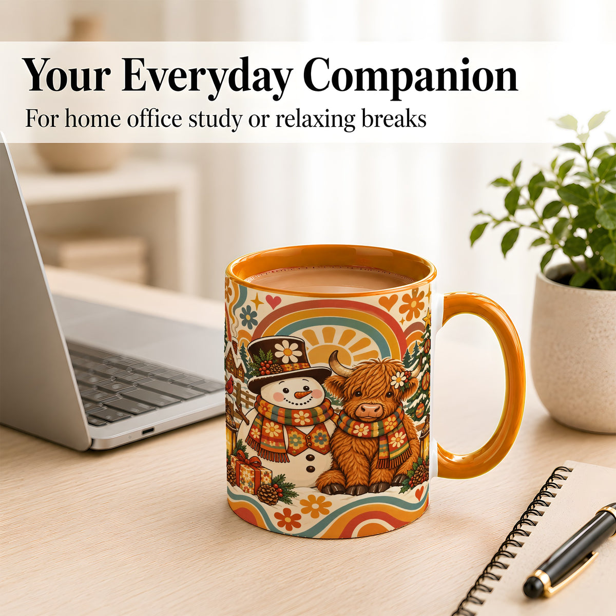 #pl[11oz|Orange] Retro Cow Snowman Coffee Mug, Boho Winter Mug, Ceramic Cup