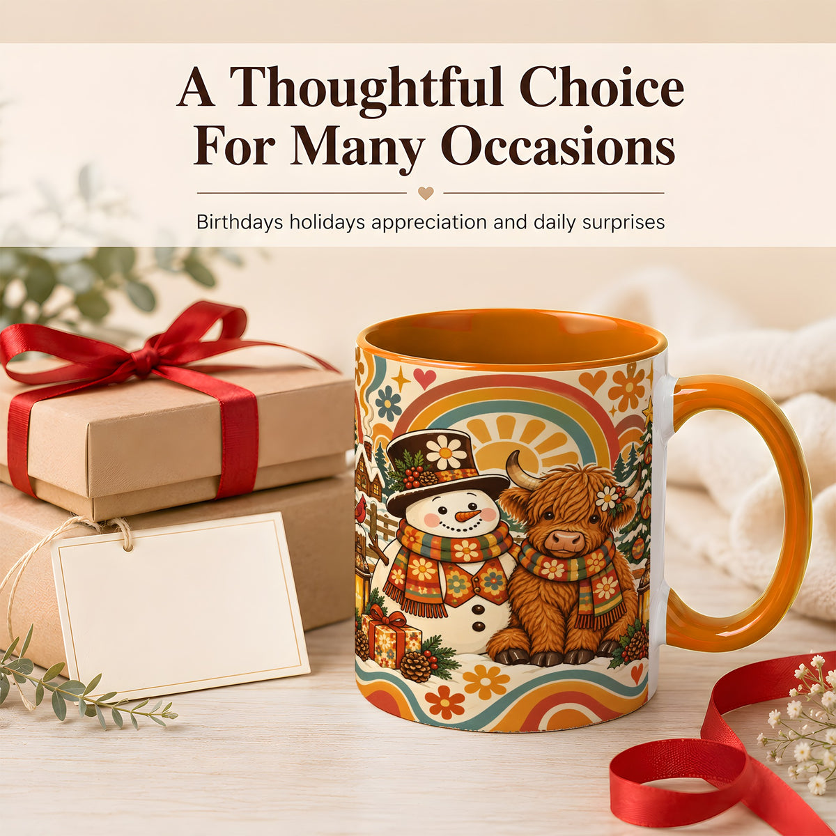 #pl[11oz|Orange] Retro Cow Snowman Coffee Mug, Boho Winter Mug, Ceramic Cup