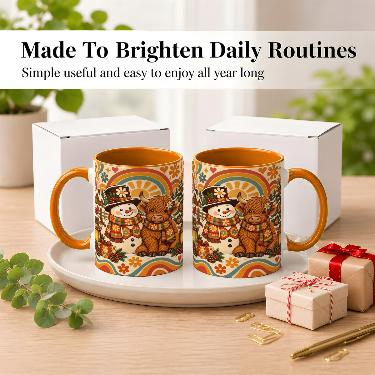 #pl[11oz|Orange] Retro Cow Snowman Coffee Mug, Boho Winter Mug, Ceramic Cup