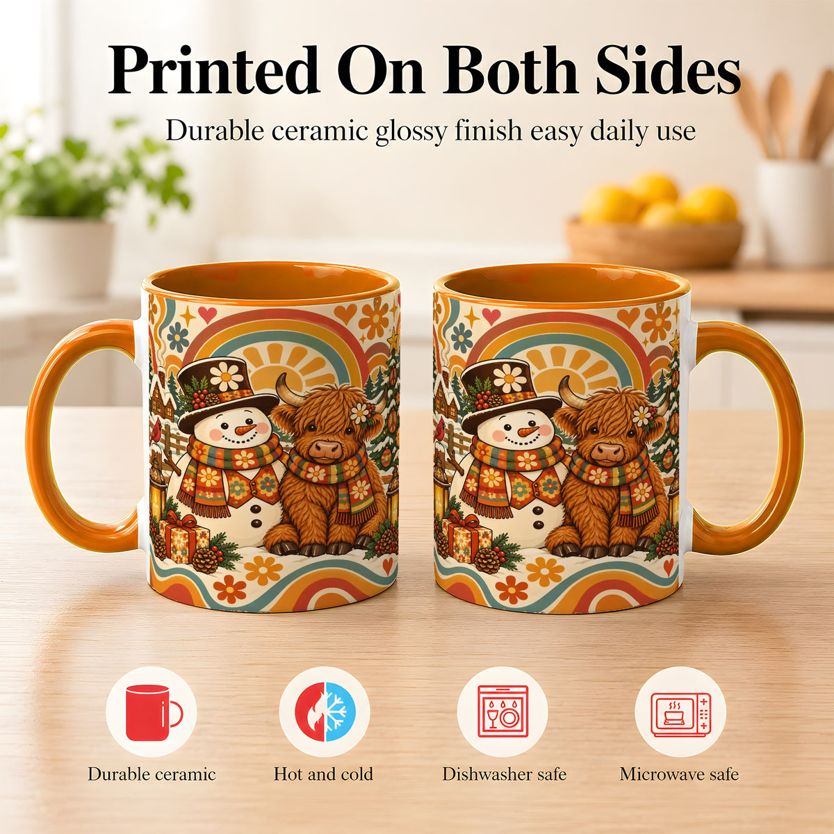 #pl[11oz|Orange] Retro Cow Snowman Coffee Mug, Boho Winter Mug, Ceramic Cup