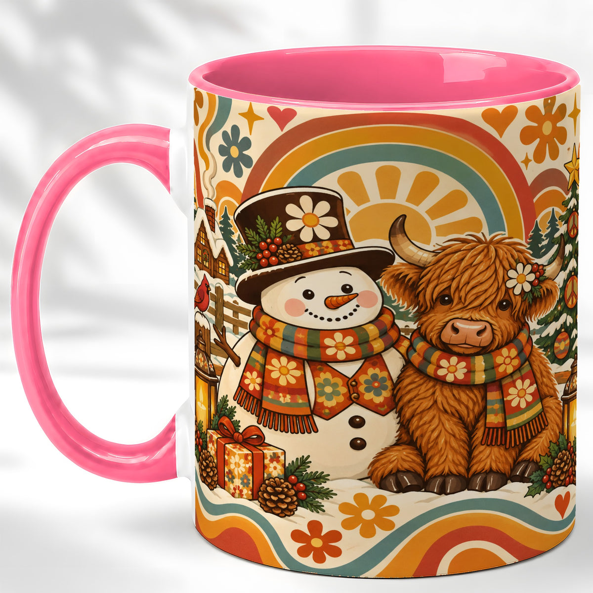 #pl[11oz|Pink] Retro Cow Snowman Coffee Mug, Boho Winter Mug, Ceramic Cup