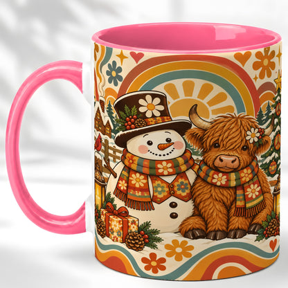 #pl[11oz|Pink] Retro Cow Snowman Coffee Mug, Boho Winter Mug, Ceramic Cup
