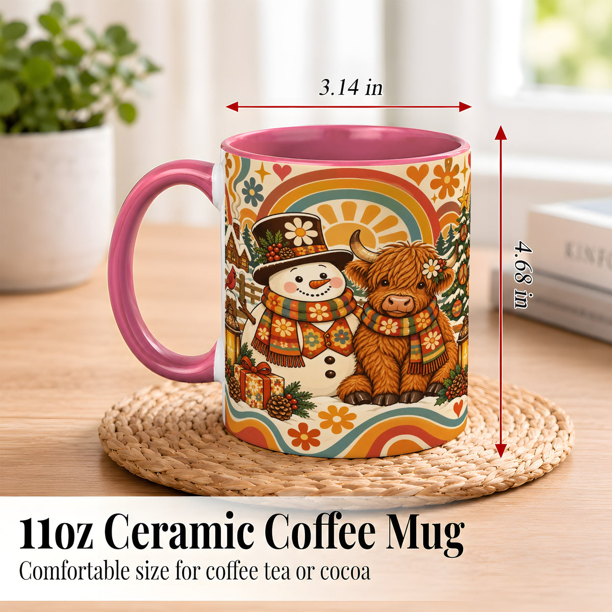 #pl[11oz|Pink] Retro Cow Snowman Coffee Mug, Boho Winter Mug, Ceramic Cup