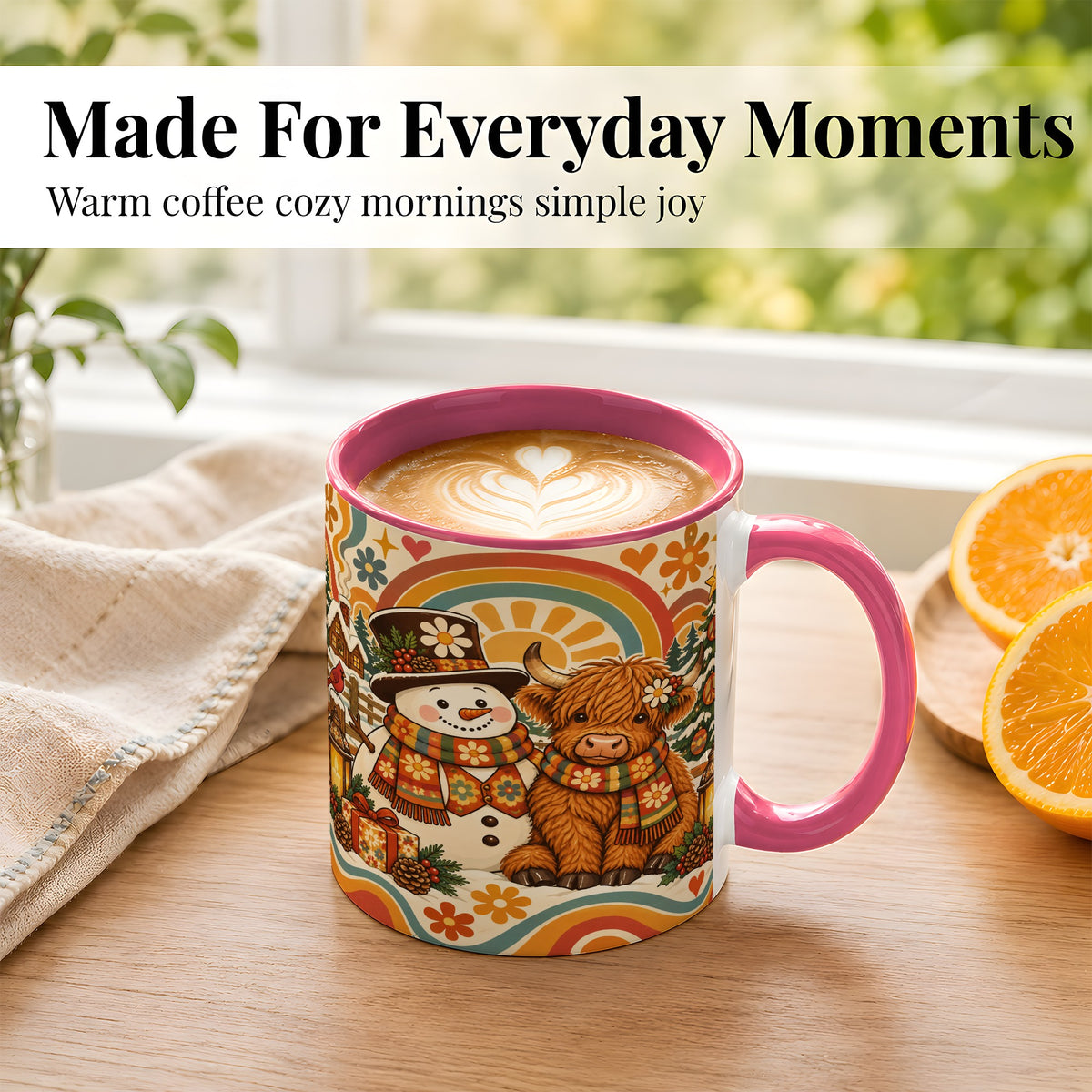 #pl[11oz|Pink] Retro Cow Snowman Coffee Mug, Boho Winter Mug, Ceramic Cup