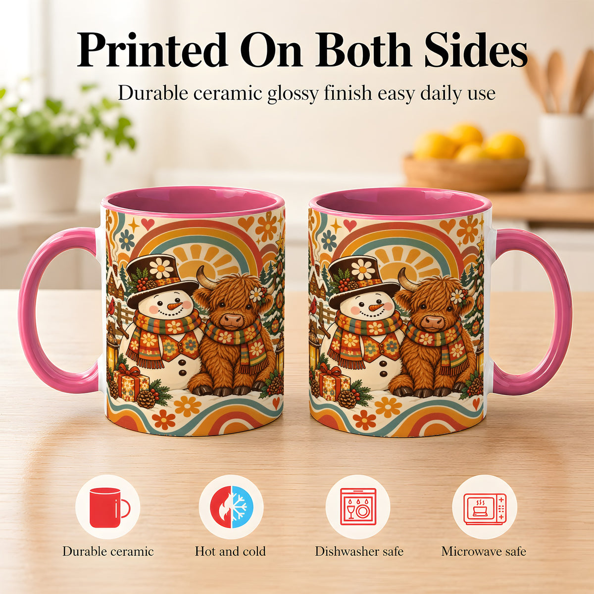 #pl[11oz|Pink] Retro Cow Snowman Coffee Mug, Boho Winter Mug, Ceramic Cup
