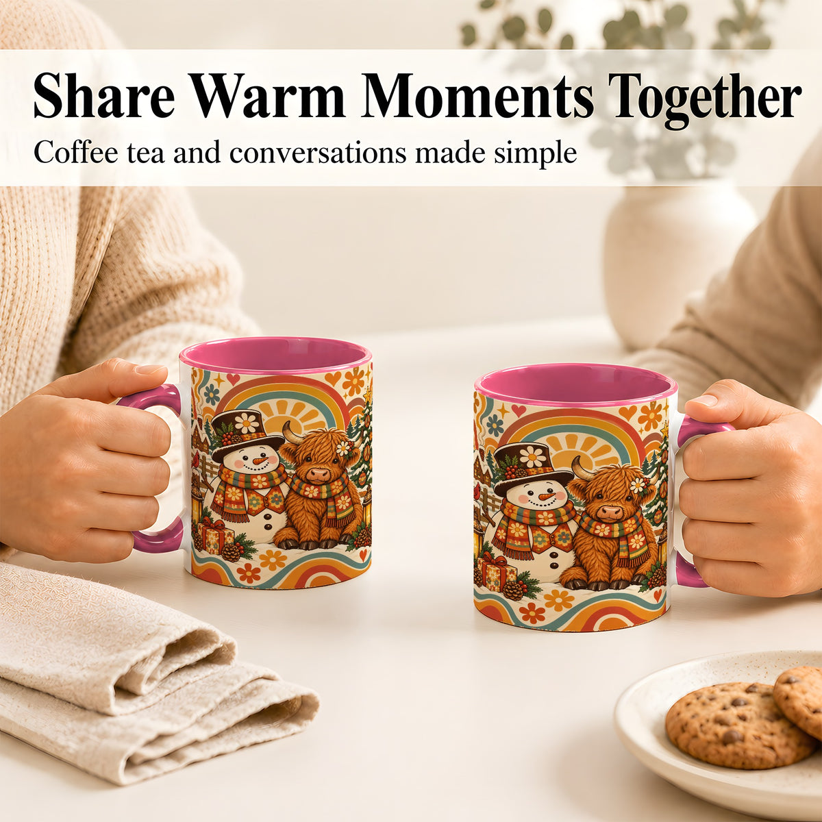 #pl[11oz|Pink] Retro Cow Snowman Coffee Mug, Boho Winter Mug, Ceramic Cup