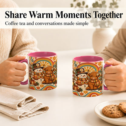 #pl[11oz|Pink] Retro Cow Snowman Coffee Mug, Boho Winter Mug, Ceramic Cup