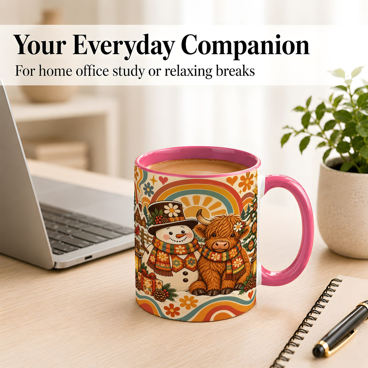#pl[11oz|Pink] Retro Cow Snowman Coffee Mug, Boho Winter Mug, Ceramic Cup