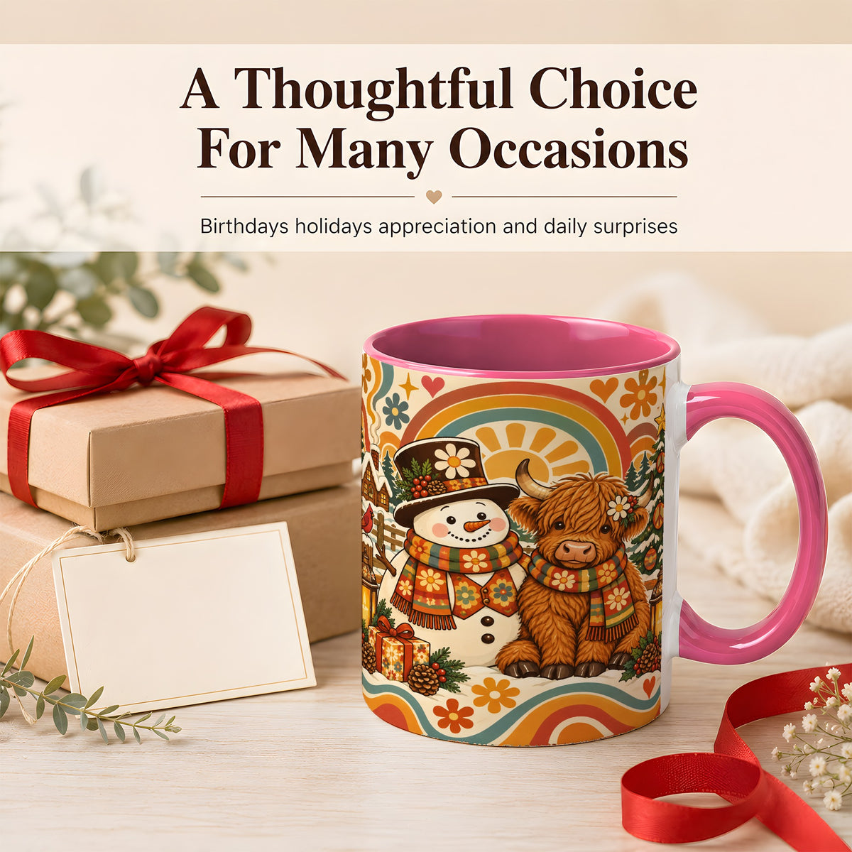 #pl[11oz|Pink] Retro Cow Snowman Coffee Mug, Boho Winter Mug, Ceramic Cup