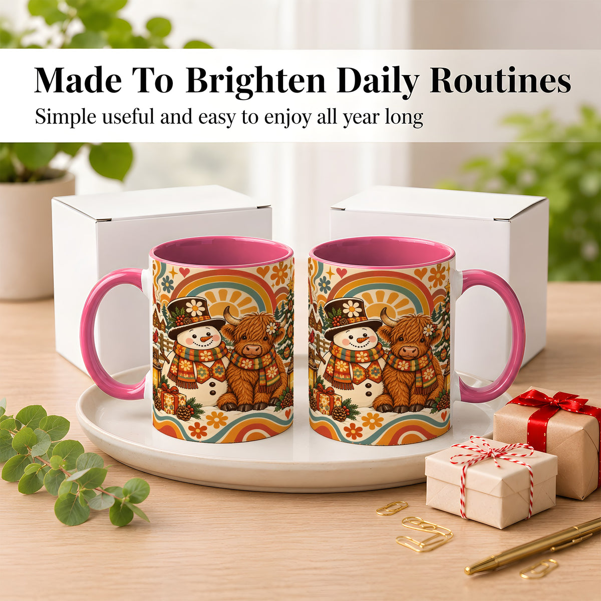 #pl[11oz|Pink] Retro Cow Snowman Coffee Mug, Boho Winter Mug, Ceramic Cup