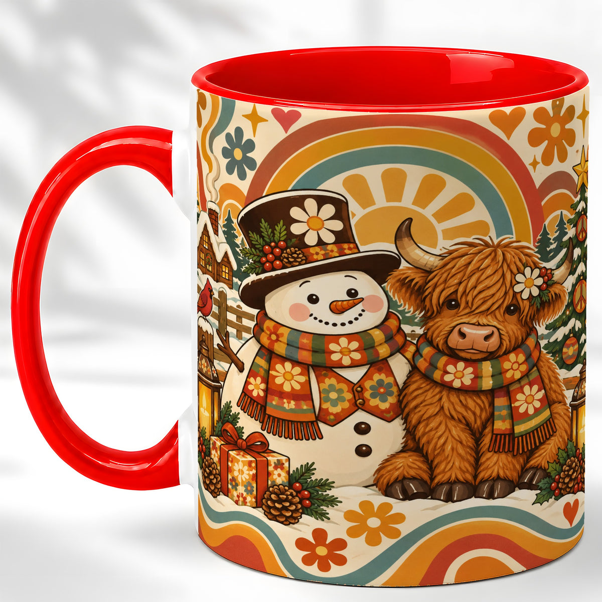 Retro Cow Snowman Coffee Mug, Boho Winter Mug, Ceramic Cup