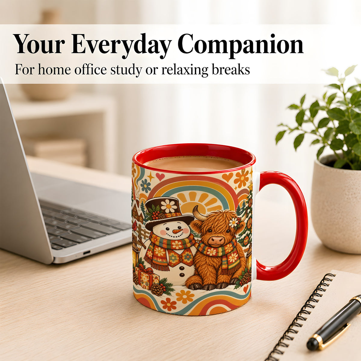 #pl[11oz|Red] Retro Cow Snowman Coffee Mug, Boho Winter Mug, Ceramic Cup